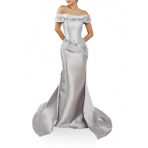 Women's Terani Couture 242m3356 Mikado Off Shoulder Long Trumpet Dress Silver Taupe 6
