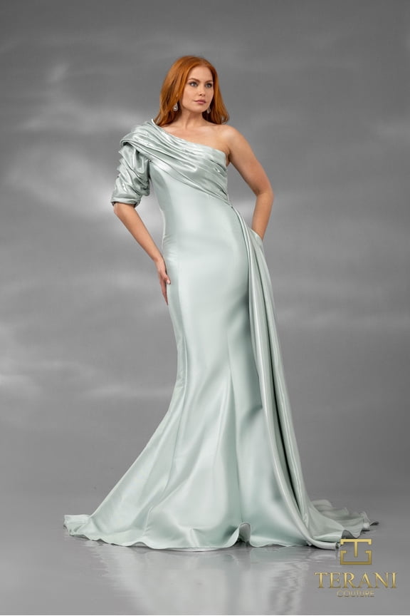 Women's Terani Couture 251E4205 One-Shoulder Mermaid Gown with Overskirt Sage Green 14