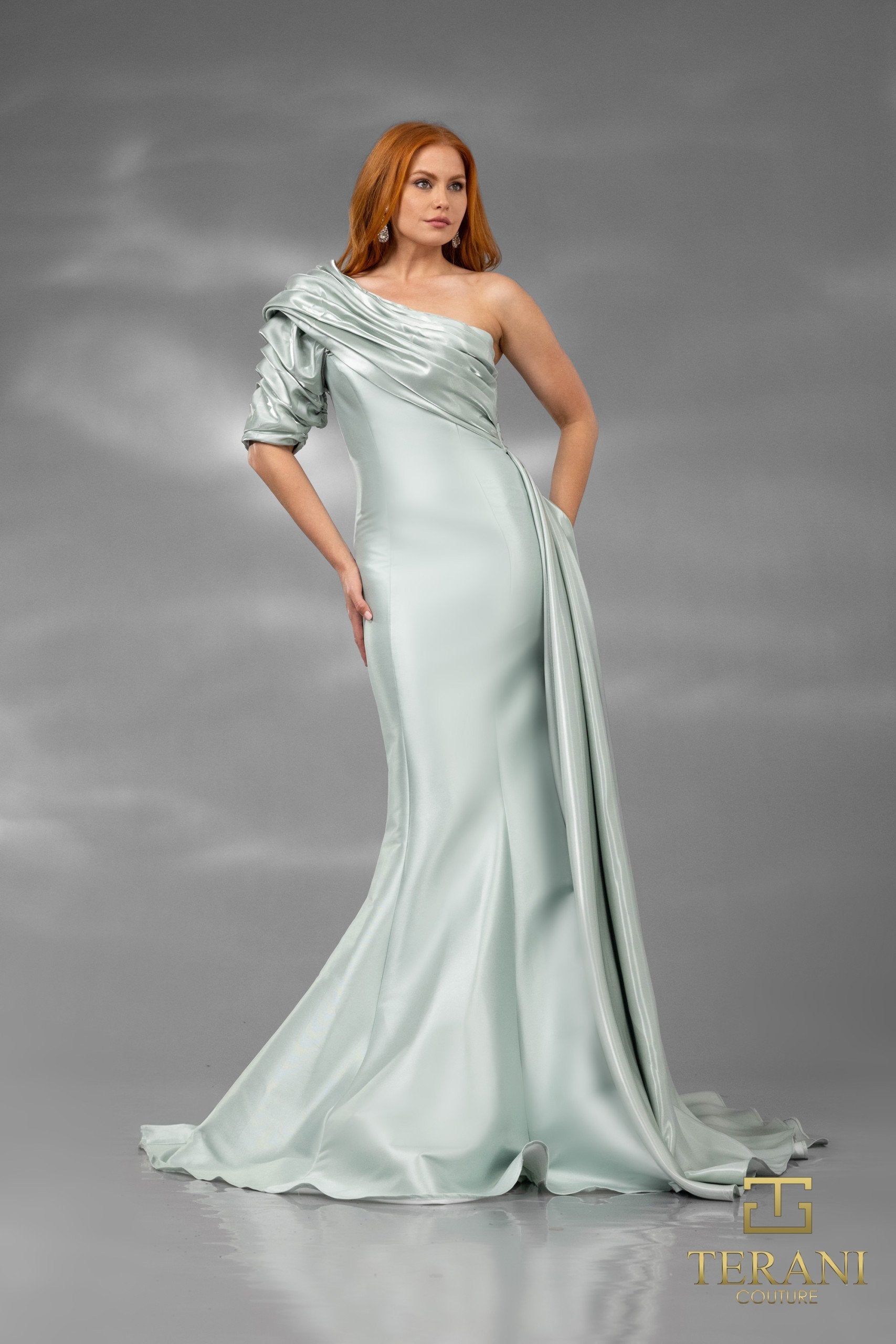 Women's Terani Couture 251E4205 One-Shoulder Mermaid Gown with Overskirt Sage  Green 8 - Walmart.com