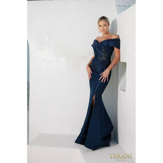 Women's Terani Couture 232M1530 Off Shoulder Mermaid Long Prom 2026 Gown Navy Blue 16