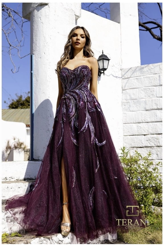 Women's Terani Couture 251M4410 Beaded A-Line Ball Gown – Long Formal Prom 2026 Dress Aubergine 12