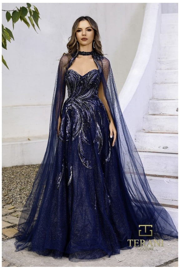 Women's Terani Couture 251M4410 Beaded A-Line Ball Gown – Long Formal Prom 2026 Dress Navy Blue 12