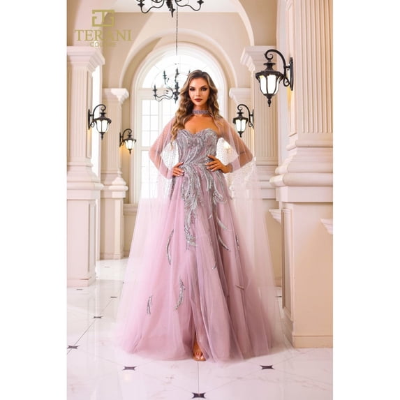 Women's Terani Couture 251M4410 Beaded A-Line Ball Gown – Long Formal Prom 2026 Dress Rose Pink Silver 10
