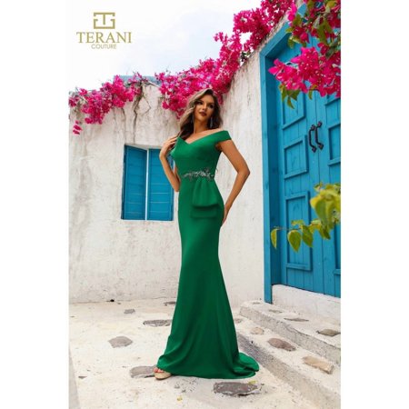 Women's Terani Couture 251M4440 Beaded Applique Peplum Long Formal evening elegant Gown Emerald Green 10