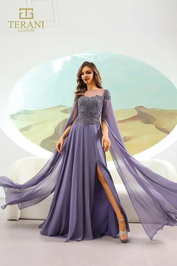 Women's Terani Couture 251M4463 Beaded A-Line evening elegant Gown with Cape – Long Formal Dress Blueberry 18