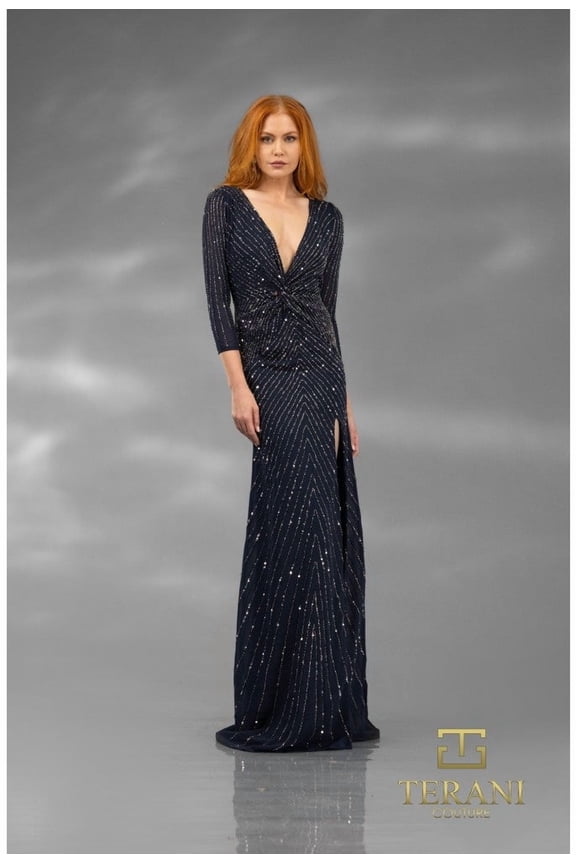 Women's Terani Couture 251M4614 Sequin Long Formal evening elegant Dress with Slit Navy Blue 18