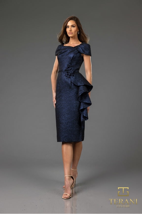 Women's Terani Couture 251c4171 Metallic Jacquard Bodycon Sleeveless Short Cocktail Dress Navy Blue 14