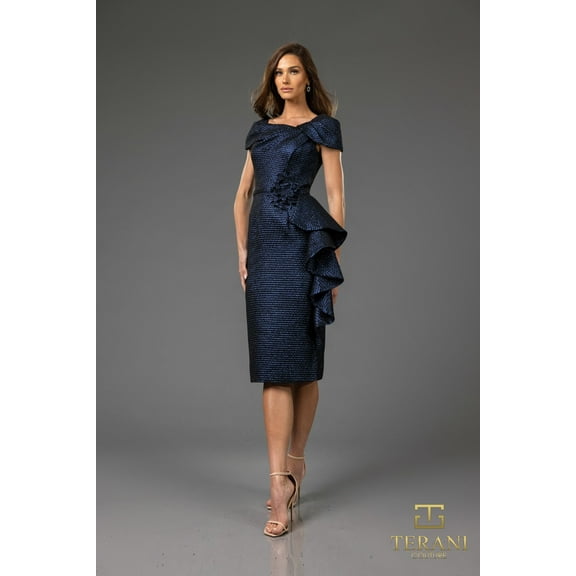 Women's Terani Couture 251c4171 Metallic Jacquard Bodycon Sleeveless Short Cocktail Dress Navy Blue 8
