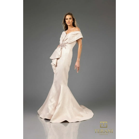 Women's Terani Couture 251e4201 Jacquard Assyemtric Sleeveless Trumpet Dress Rose Pink-gold 10