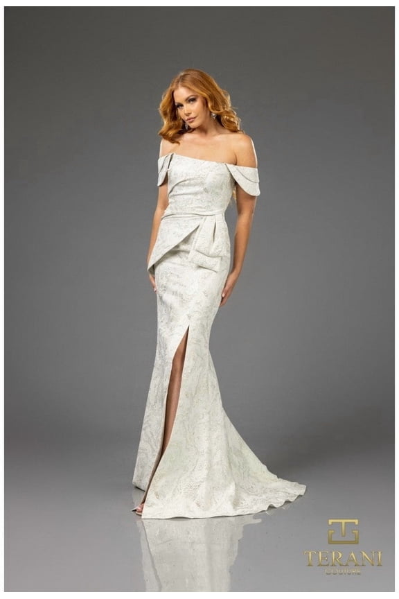 Women's Terani Couture 251m4435 Sheath Off The Shoulder Cap Sleeves Jacquard Long Dress Sage Green Gold 10