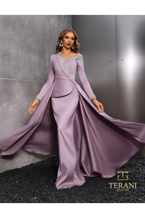 Women's Terani Couture 252e5108 Long Sleeve evening elegant Gown With Overskirt Mink 16