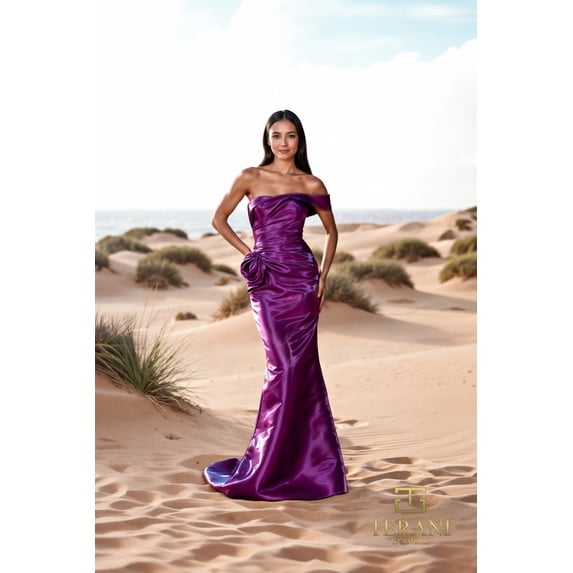 Women's Terani Couture 252e5162 Fitted Bodycon Long Formal evening elegant Prom 2026 Gown Plum 2