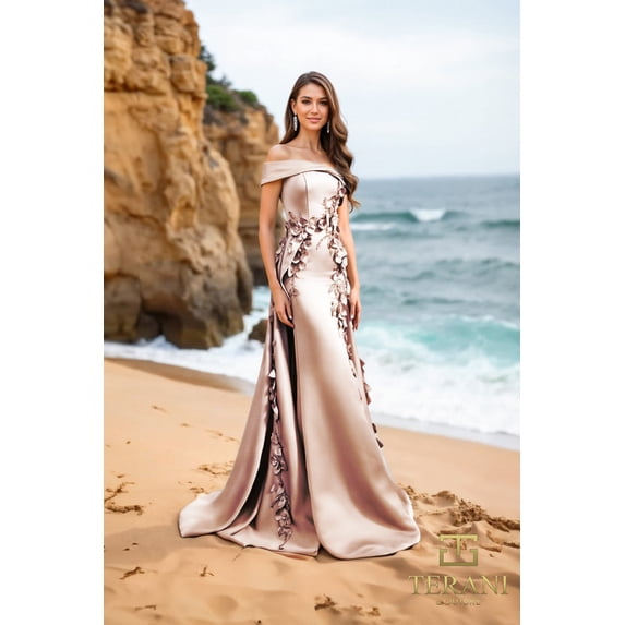 Women's Terani Couture 252m5317 Elegant Fitted Bodycon Long evening elegant Gown Taupe 16
