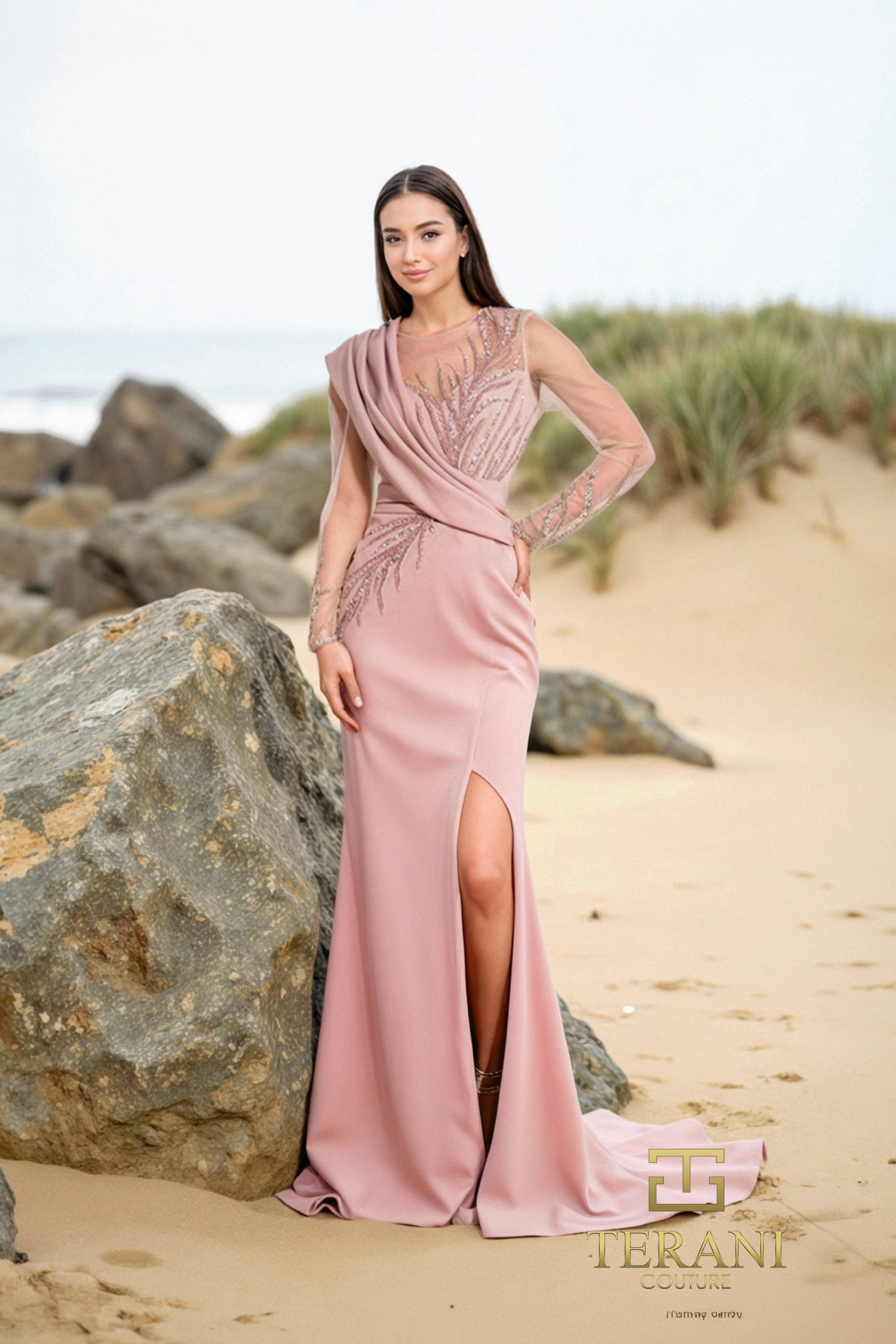 Women's Terani Couture 252m5377 Elegant Long Sleeve Formal Gown The Mother  Of Bride Dusty Rose Pink Pink 4 - Walmart.com