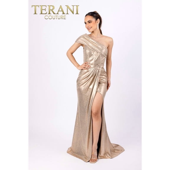 Women's Terani Couture Asymmetrical Sleeveless Bodycon Mid thigh Slit evening elegant Dress 232e1259 Gold 0