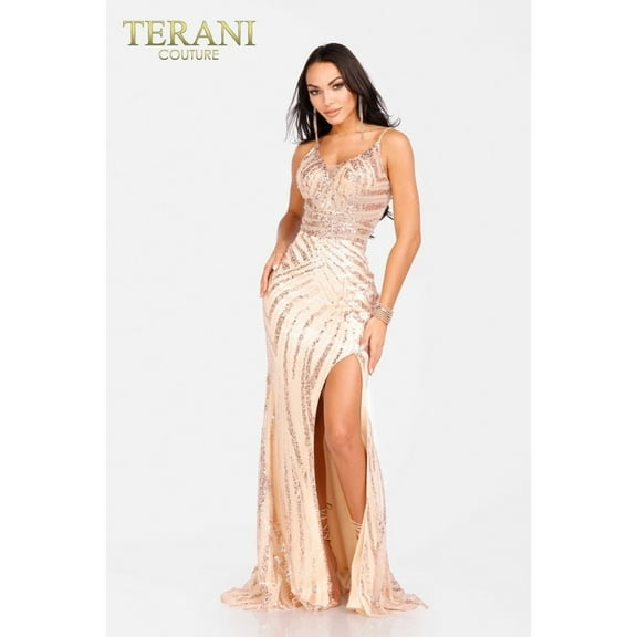 Women's Terani Couture High Slit Long evening elegant Gown With Spaghetti Straps 231e0516 Gold 14