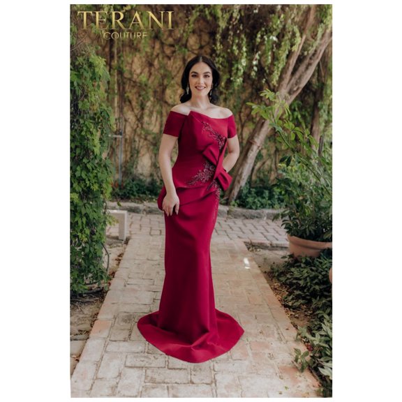 Women's Terani Couture Mermaid Off Shoulder Beaded Bodice Long Dress 232m1561 Wine Burgundy 6