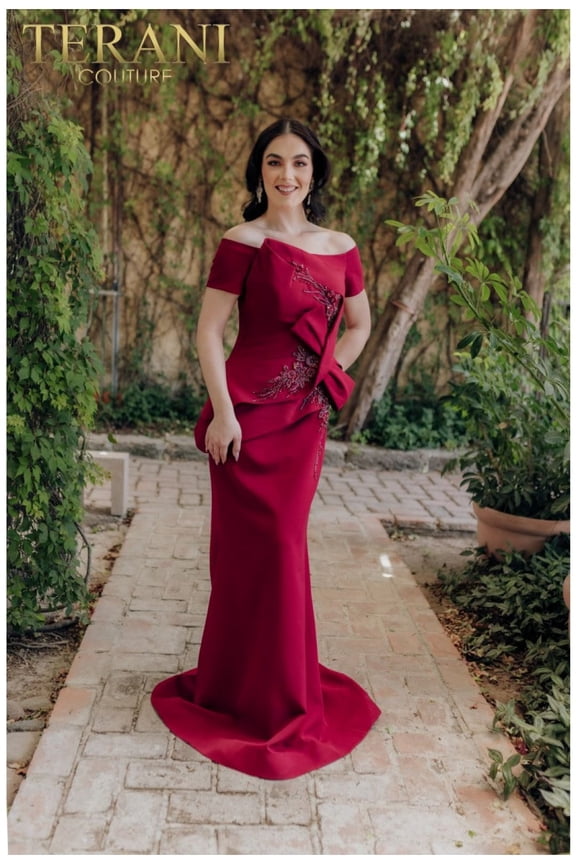 Women's Terani Couture Mermaid Off Shoulder Beaded Bodice Long Dress 232m1561 Wine Burgundy 6