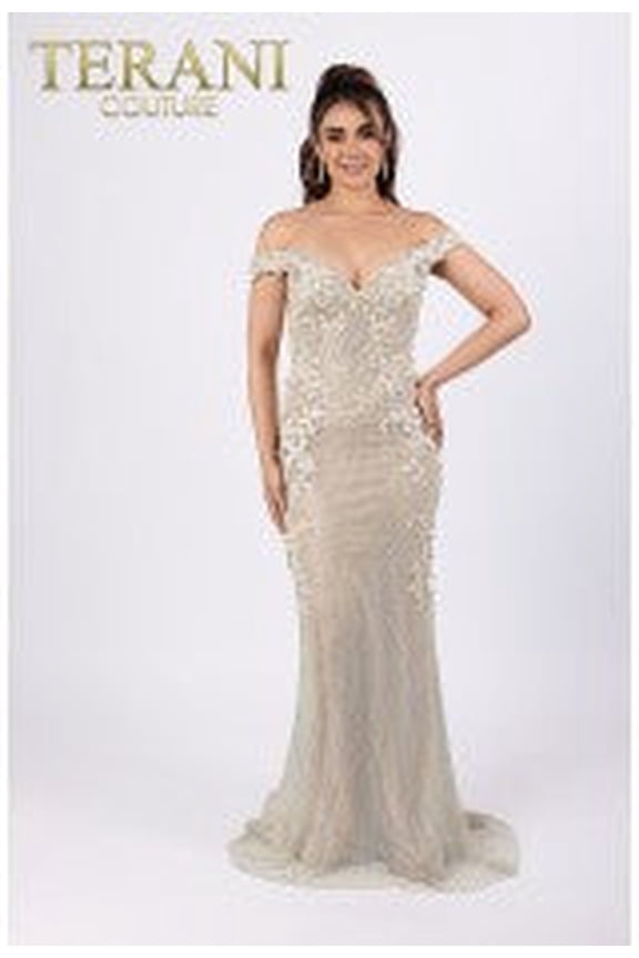 Women's Terani Couture Mermaid Off Shoulder Netting Applique Long Dress 232gl1471 Ivory 10