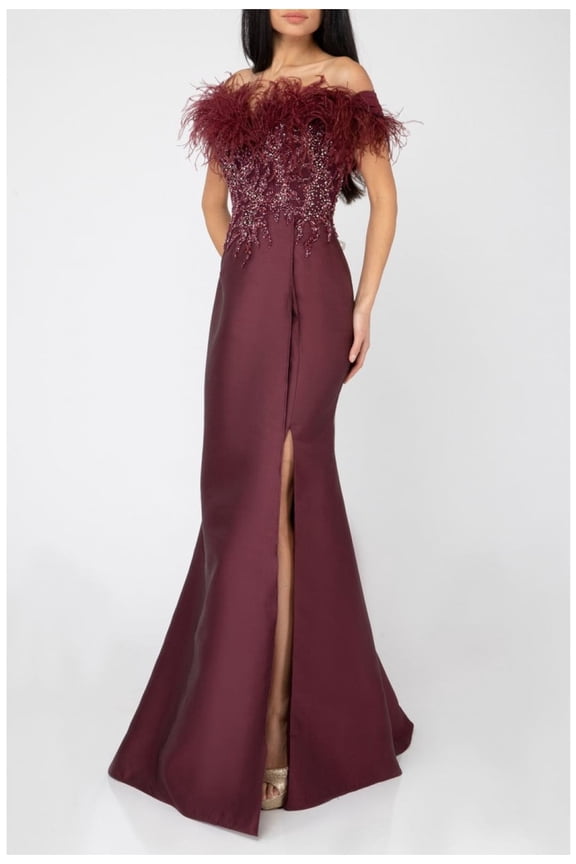 Women's Terani Couture Off Shoulder Feather Neckline Beaded High Slit Mermaid Long Dress 1821e7142 Wine Burgundy 6