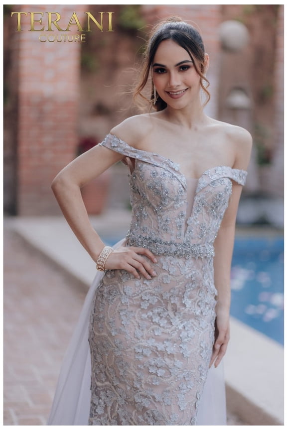 Women's Terani Couture Off Shoulder Mermaid V Neck Tulle Overskirt Dress 232gl1417 Silver 4