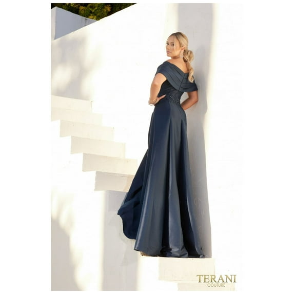 Women's Terani Couture Off Shoulder Pleated Neckline Embroidery Ballgown Dress 232m1511 Navy Blue 24
