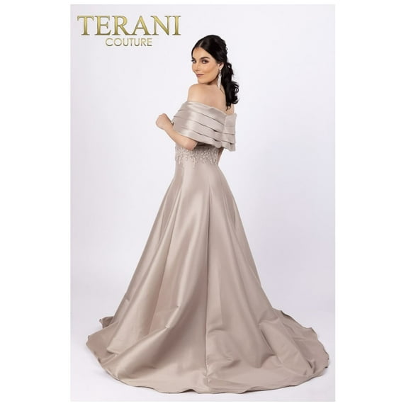 Women's Terani Couture Off Shoulder Pleated Neckline Embroidery Ballgown Dress 232m1511 Taupe 10