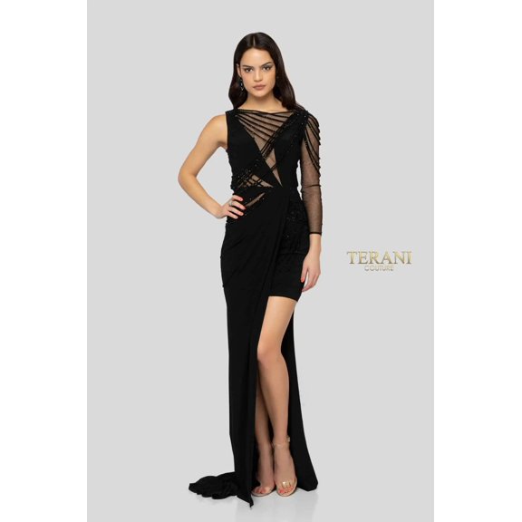 Women's Terani Couture One Sleeve Cutout Sheer Detailing High Slit Long Dress 1913p8392 Black 0