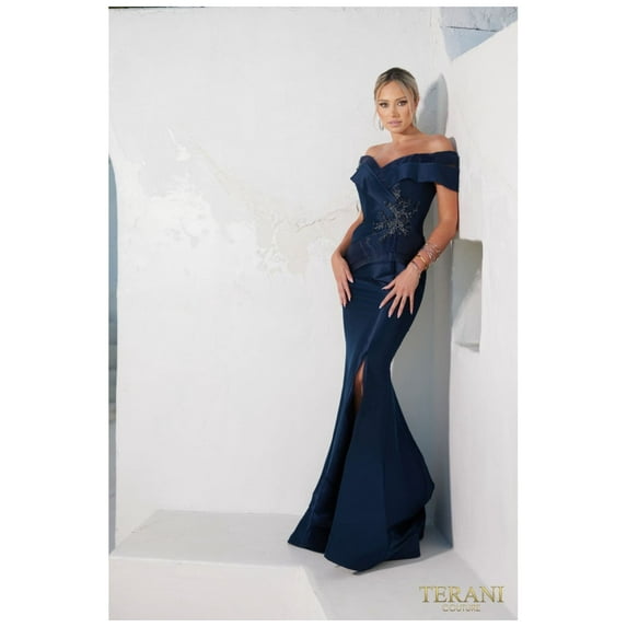 Women's Terani Couture Pleated Neckline Off Shoulder Mid thigh Slit Long Dress 232m1530 Navy Blue 16