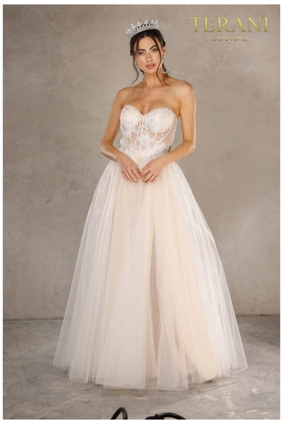 Women's Terani Couture Strapless Sweetheart Neckline Corset Torso A Line Ball Gown 2215p0005 Ivory Champagne Goldish Beige 2