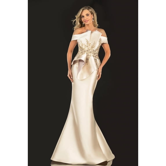 Women's Terani Couture evening elegant Structured Mikado Off Shoulder 2021e2835 Almond-Champagne Goldish Beige 24