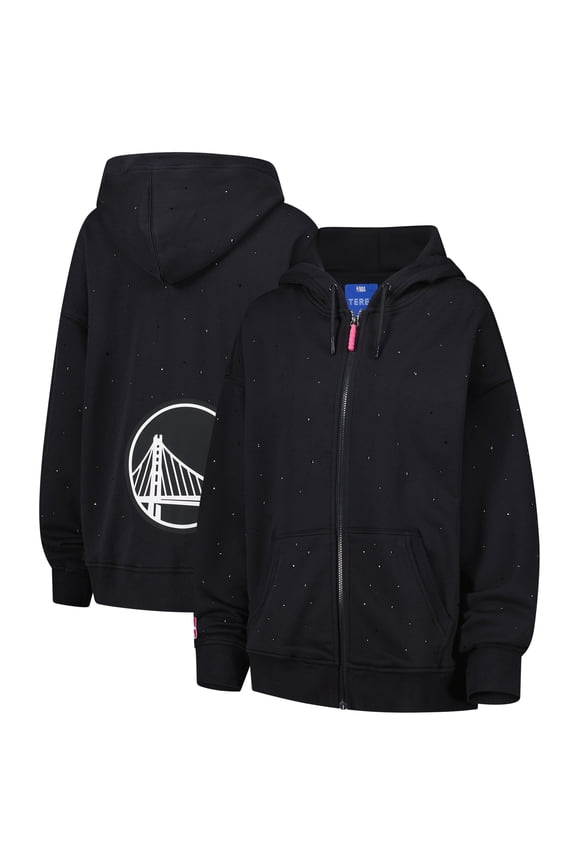 Women's Terez Black Golden State Warriors Oversized Allover Gemstone Full-Zip Hoodie