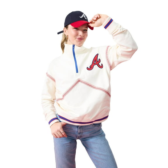 Women's-Terez Cream Atlanta Braves Sugar Swizzle Baseball Stitch Quarter-Zip Sweatshirt