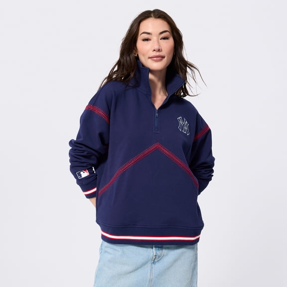Women's Terez Navy New York Yankees Baseball Stitch Quarter-Zip Pullover