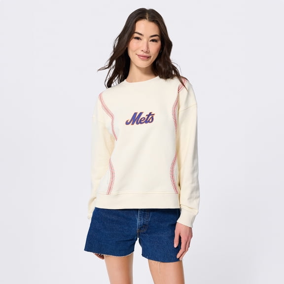 Women's Terez  White New York Mets Swizzle Baseball Stitch Crewneck Sweatshirt