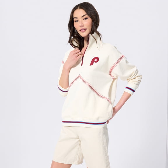 Women's Terez  White Philadelphia Phillies Baseball Stitch Quarter-Zip Pullover