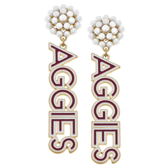 Women' CANVAS Style Texas A&M Aggies Pearl Cluster Outline Enamel Drop Earrings