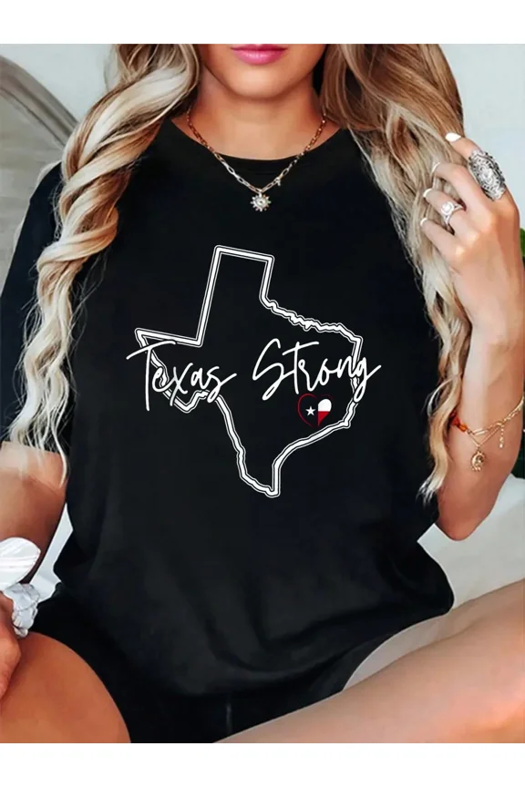 Women's Texas Strong Graphic T-Shirt State Map Outline Short Sleeve Casual Cotton Blend Tee