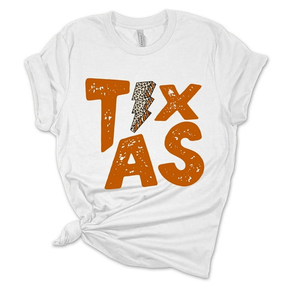 Women's Texas Tshirt Leopard Lightning Bolt Texas Burnt Orange State College Football Short Sleeve T-shirt-White-4xl