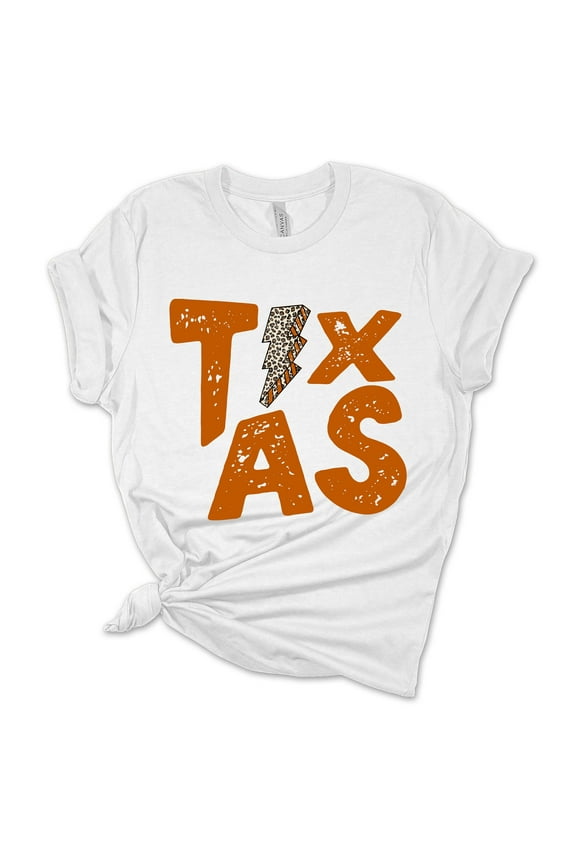 Women's Texas Tshirt Leopard Lightning Bolt Texas Burnt Orange State College Football Short Sleeve T-shirt-White-small