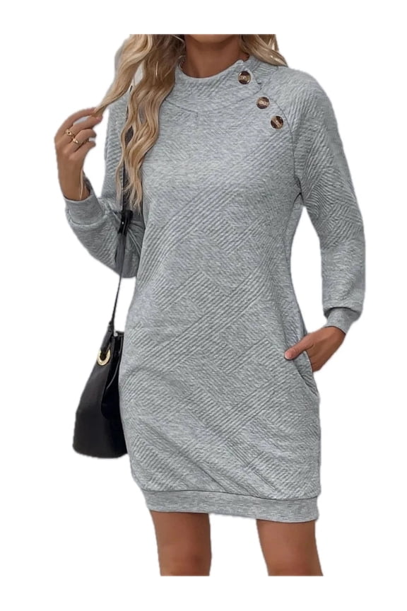 Women's Texture Mock Neck Long Sleeve Mini Dress with Decorative Button Sheer Opaque Stretch 95% polyester 5% elastane