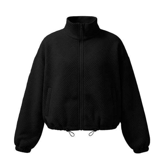 Women's Textured Baseball Jacket, High Neck Zipper Front Loose Fit Coat, Elastic Drawstring Hem Casual Outerwear, Side Pocket Streetwear Style, Comfortable Oversized Top Black M