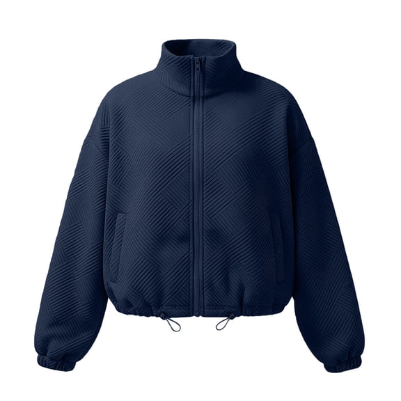Women's Textured Baseball Jacket, High Neck Zipper Front Loose Fit Coat, Elastic Drawstring Hem Casual Outerwear, Side Pocket Streetwear Style, Comfortable Oversized Top Navy S