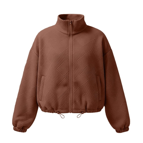 Women's Textured Baseball Jacket, High Neck Zipper Front Loose Fit Coat, Elastic Drawstring Hem Casual Outerwear, Side Pocket Streetwear Style, Comfortable Oversized Top Brown L