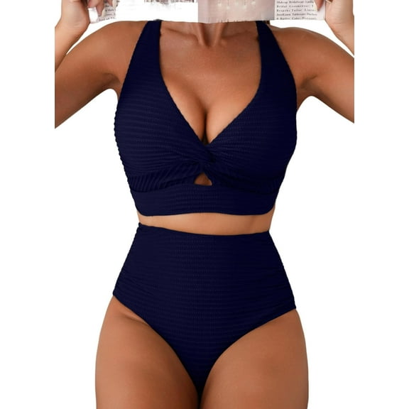 Women's Textured Bikini Sets Twist Front Top Swimsuits High Waisted Bathing Suits