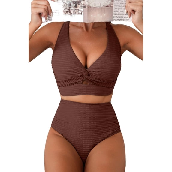 Women's Textured Bikini Sets Twist Front Top Swimsuits High Waisted Bathing Suits