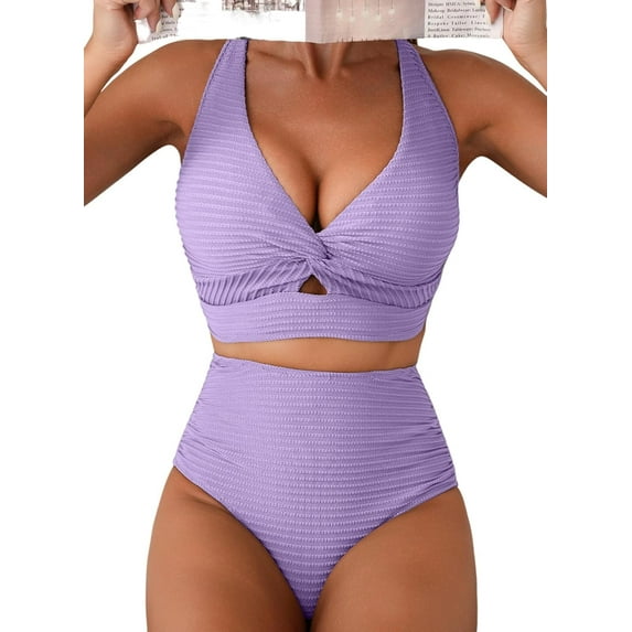 Women's Textured Bikini Sets Twist Front Top Swimsuits High Waisted Bathing Suits