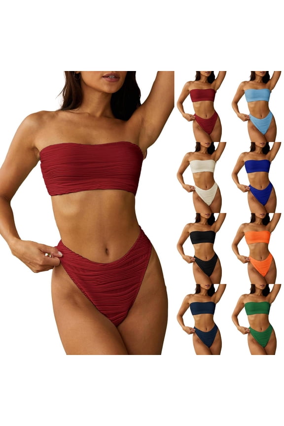 Women's Textured Bikini Swimsuit Two Piece Strapless Bandeau Cheeky Bathing Suits Black L