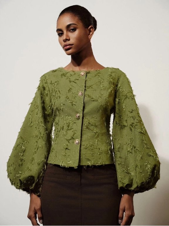 Women's Textured Blouse Button Front Metal Button Detail Lantern Sleeve Cinched Waist Fitted Top Elegant French Vintage Style for Office Commute & Smart Casual Occasions