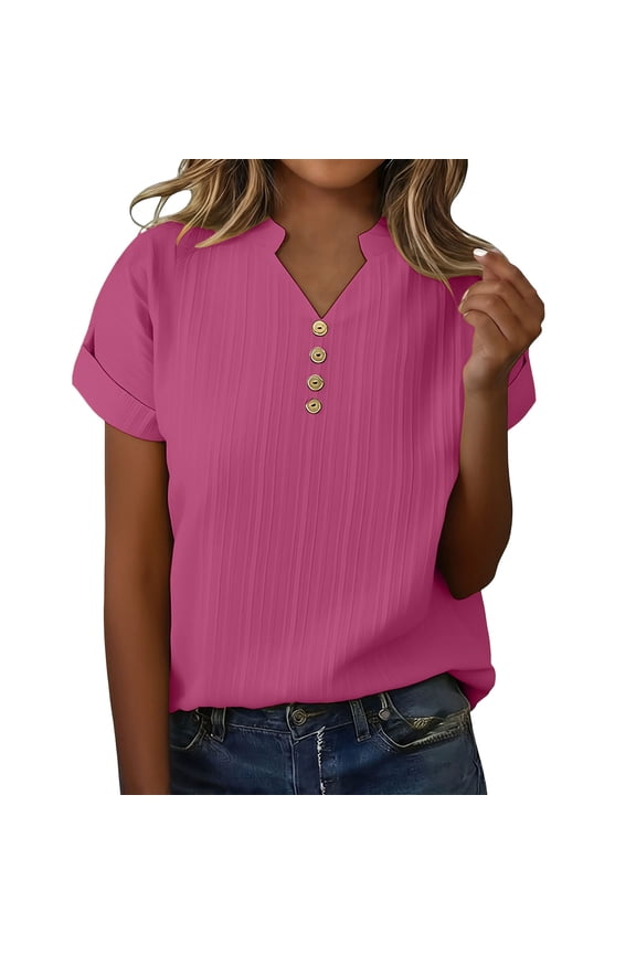 Women's Textured Blouse Short Cap Sleeve V Neck 1/4 Button Tees Plus-size Henley Shirts Soft Daily Outfits